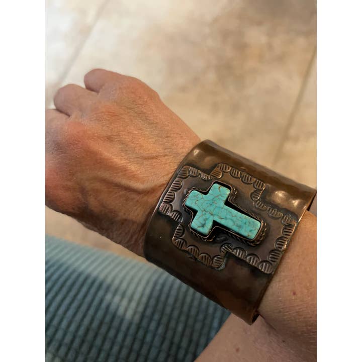 Nizhonitradersllc – wholesale Cuff bracelet – Engraved Copper Cuff Bracelet with Blue Cross1