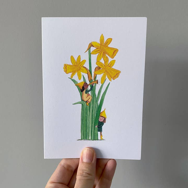 Hiding in the Daffodils, A6 greetings card for wholesale by Juliet Thomas Doodles