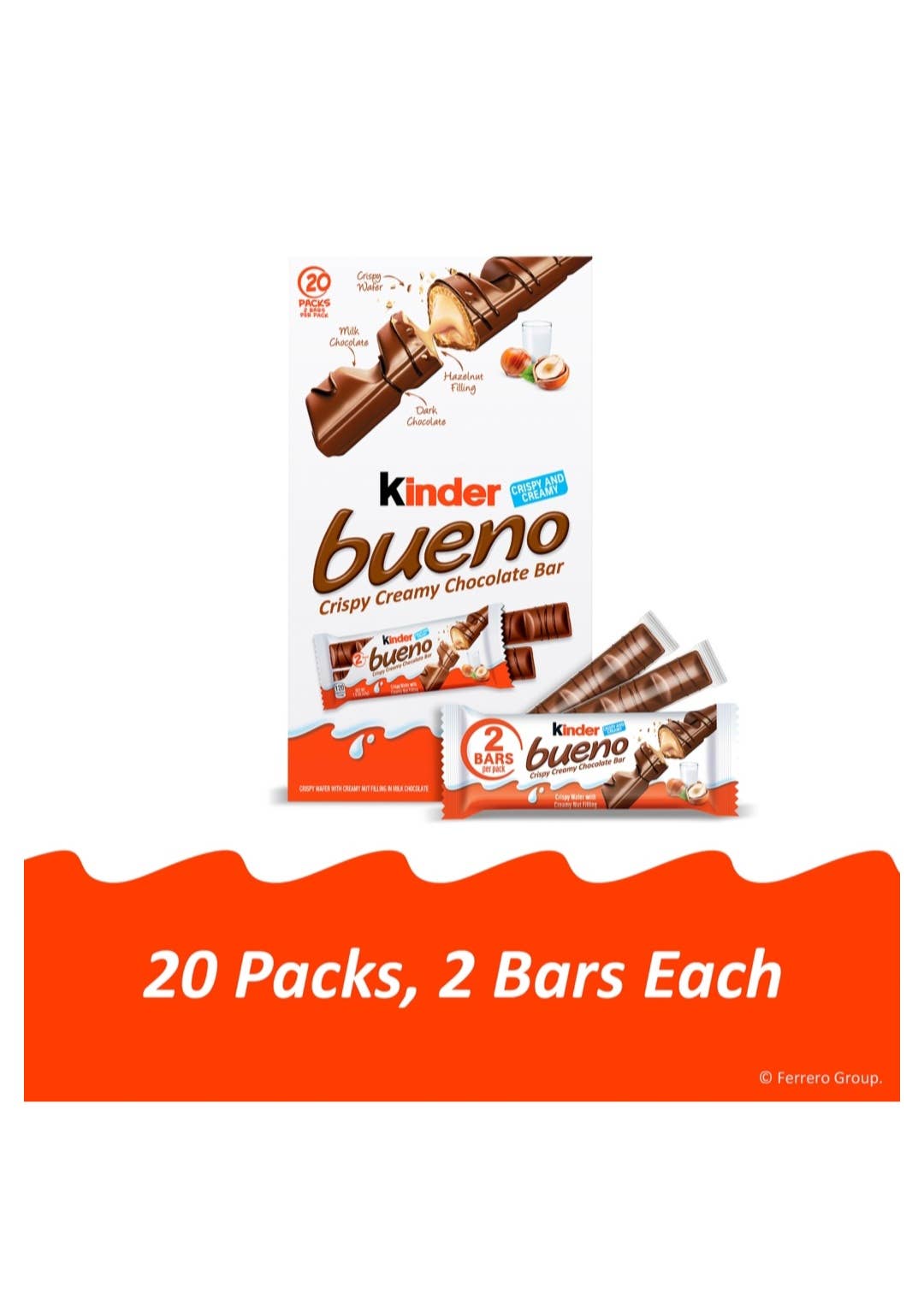 Majestic Wholesale – Barra de chocolate por atacado – Barras Kinder Bueno de Chocolate ao Leite com Avelã – Caixa com 20 un.1