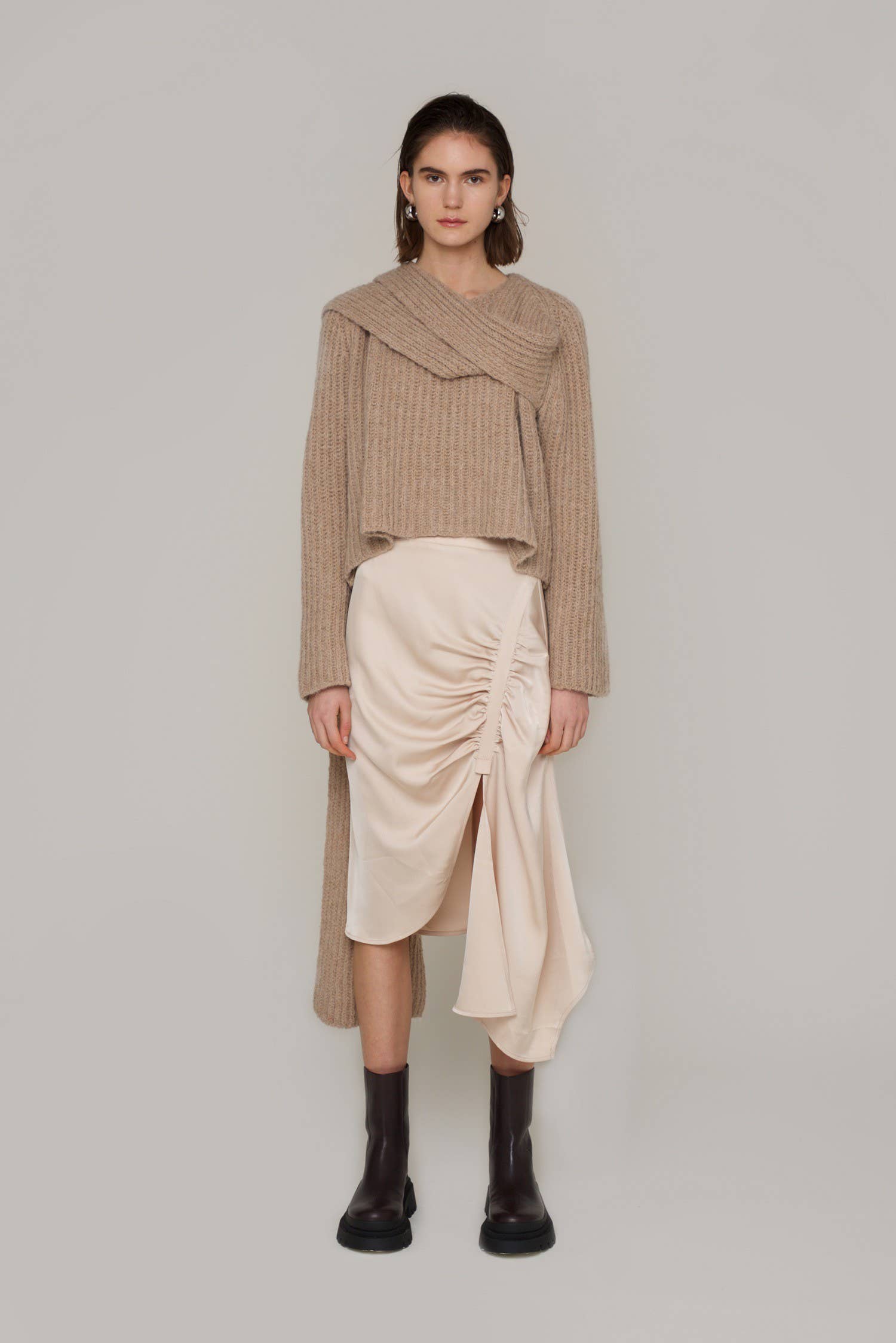 Oyster Britney Knee Length Ruche Satin Skirt for wholesale on Faire3