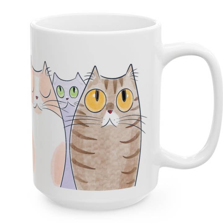 Upside Down Owl Farm - Wholesale Coffee Mug - Quirky Cat Parade Mug, 15 oz, 11 oz., White Coffee Cup, Cute2
