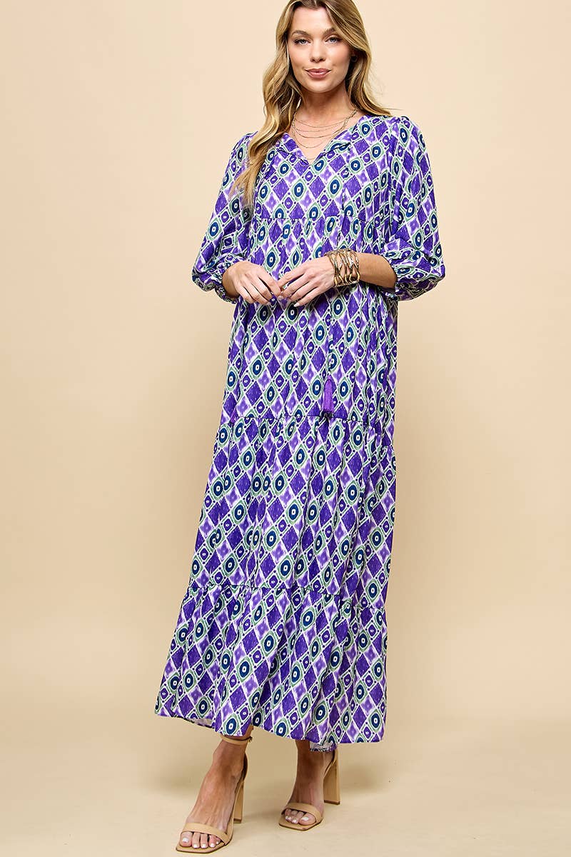 Cezele - Wholesale Dress - Women's - 3/4 Lantern Sleeve Print Boho Maxi Dress17