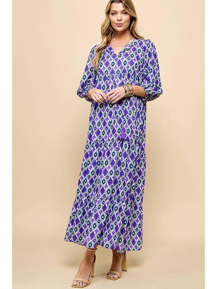 Cezele - Wholesale Dress - Women's - 3/4 Lantern Sleeve Print Boho Maxi Dress17