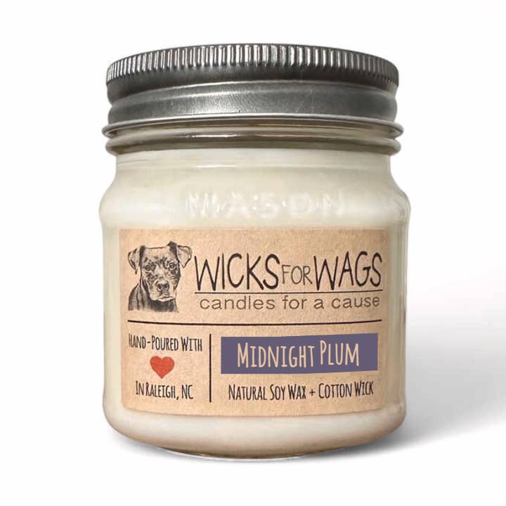 Wicks for Wags – wholesale Jar/filled candle – Midnight Plum | 8 oz Standard Mason Jar Soy Candle0