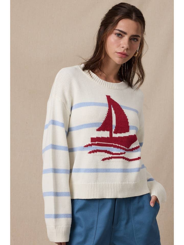 SAILBOAT STRIPED SWEATER / WL25-11965 for wholesale by Wishlist Apparel