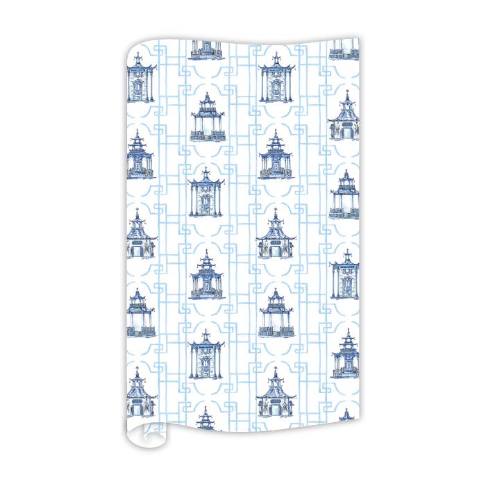 Pagode dipinte a mano con bordo in canna, carta da regalo blu per la vendita all'ingrosso da parte di RosanneBeck Collections