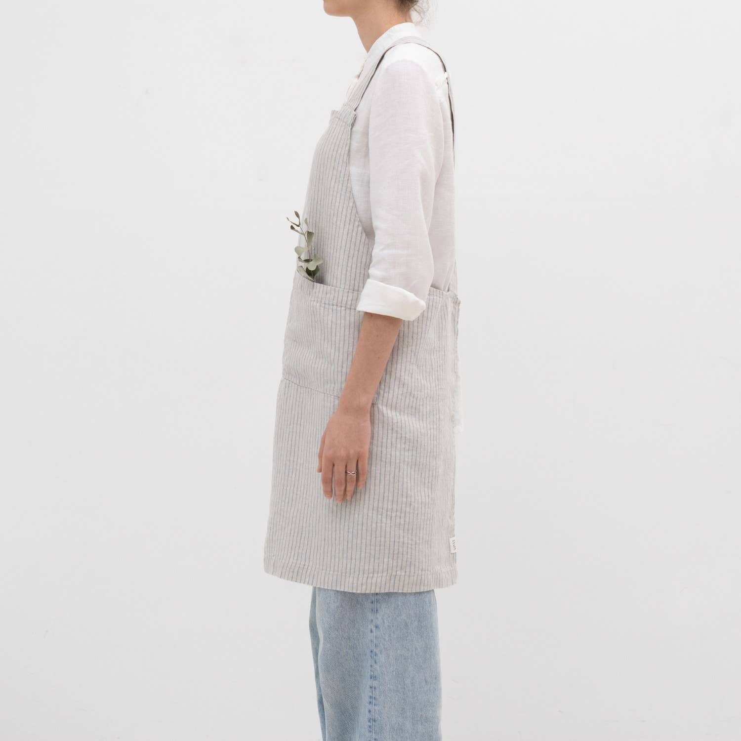 Linen Tales (We cover U.S. import duties) - Wholesale Apron - Grey Blue Pinstripe Rustic Linen Japanese Crossback Apron1