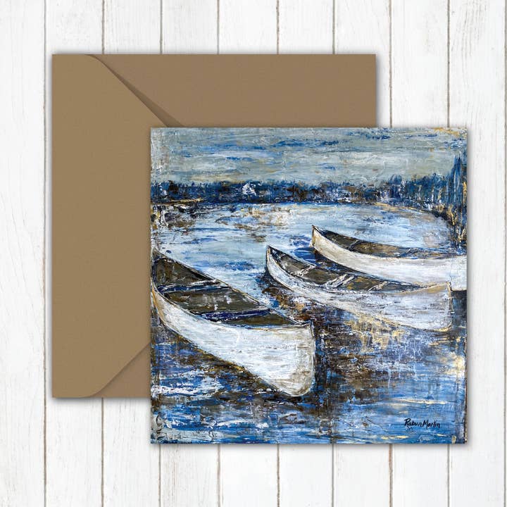 Carte de notes | « Trois canots » | Œuvre d'art originale, œuvre d'art de canoë pour la vente par Lulu and Tully