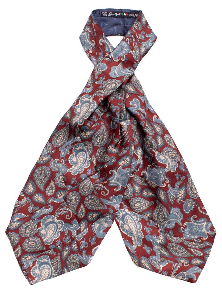Ascot Estampa de Seda Bordeaux Vintage Patchwork Paisley Celeste Branco AP60 por atacado de Graffeo Cravatte