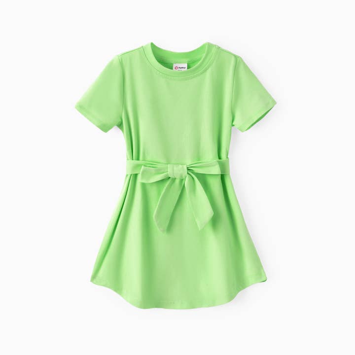 PatPat - Wholesale Dress - Kids - Toddler Girl Solid Curved Hem Short-sleeve Belted Dress
