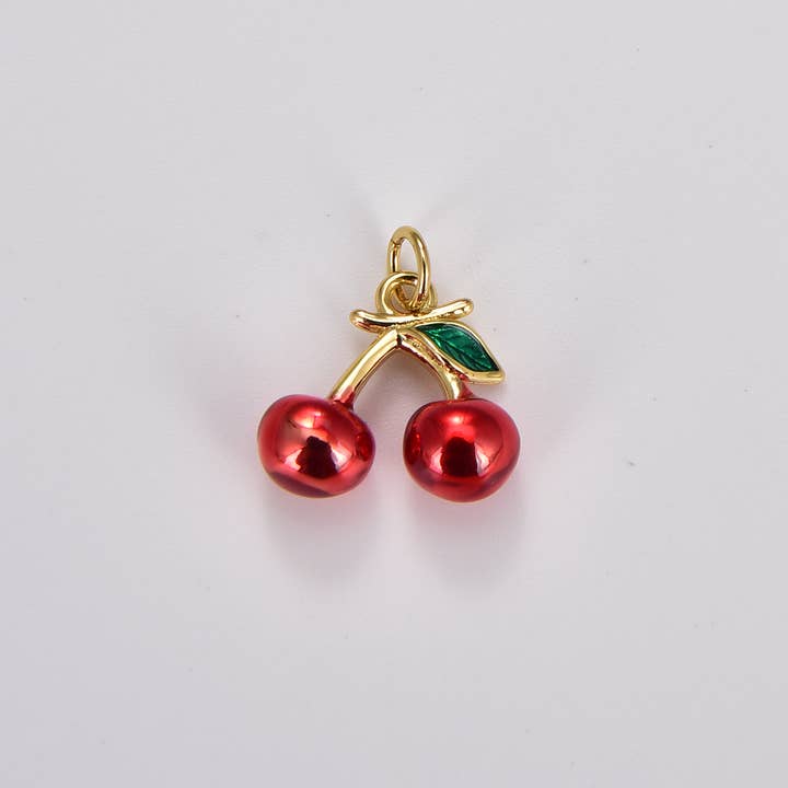 Beads Creation - Wholesale Individual Charm/Pendant - Gold Filled Red Enamel Cherry Fruit Charm Pendant, CP1751