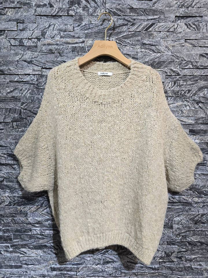 Thick knit sweater with short sleeves, round neck 24076 Beige for wholesale by Adilynn DAYMENTEX