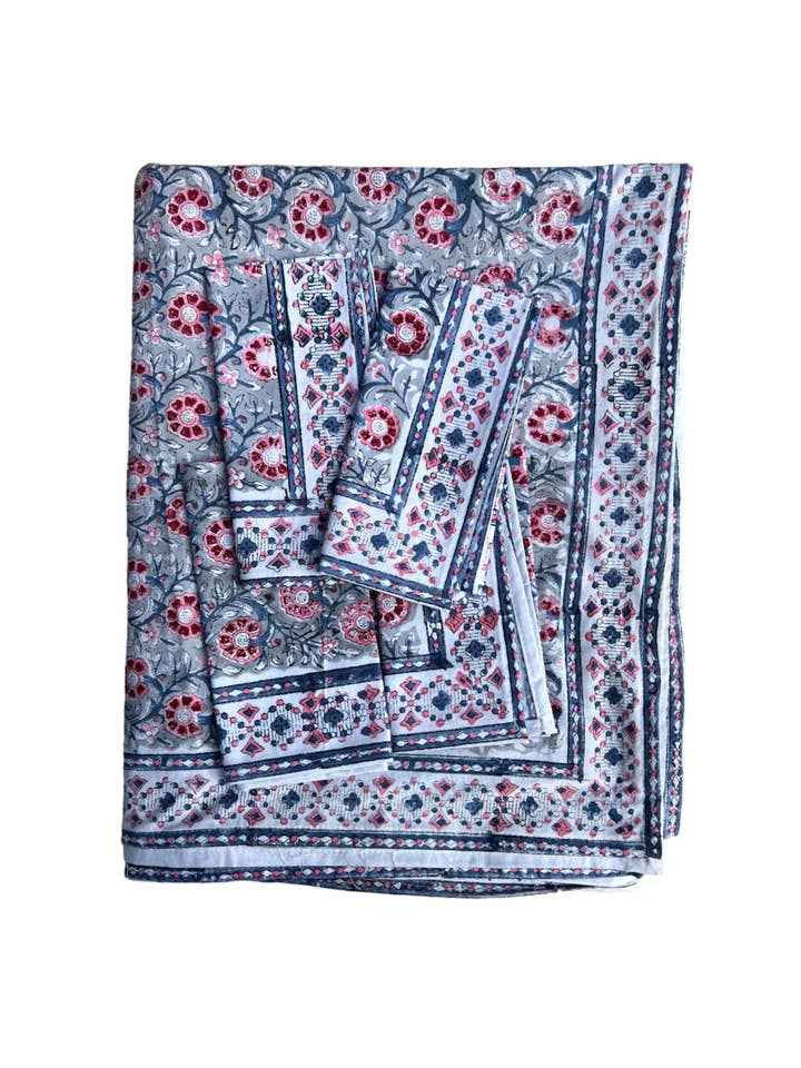 BLOCK PRINT BLUE RED TABLECLOTH AND NAPKINS SET for wholesale by Cristina Cisneros