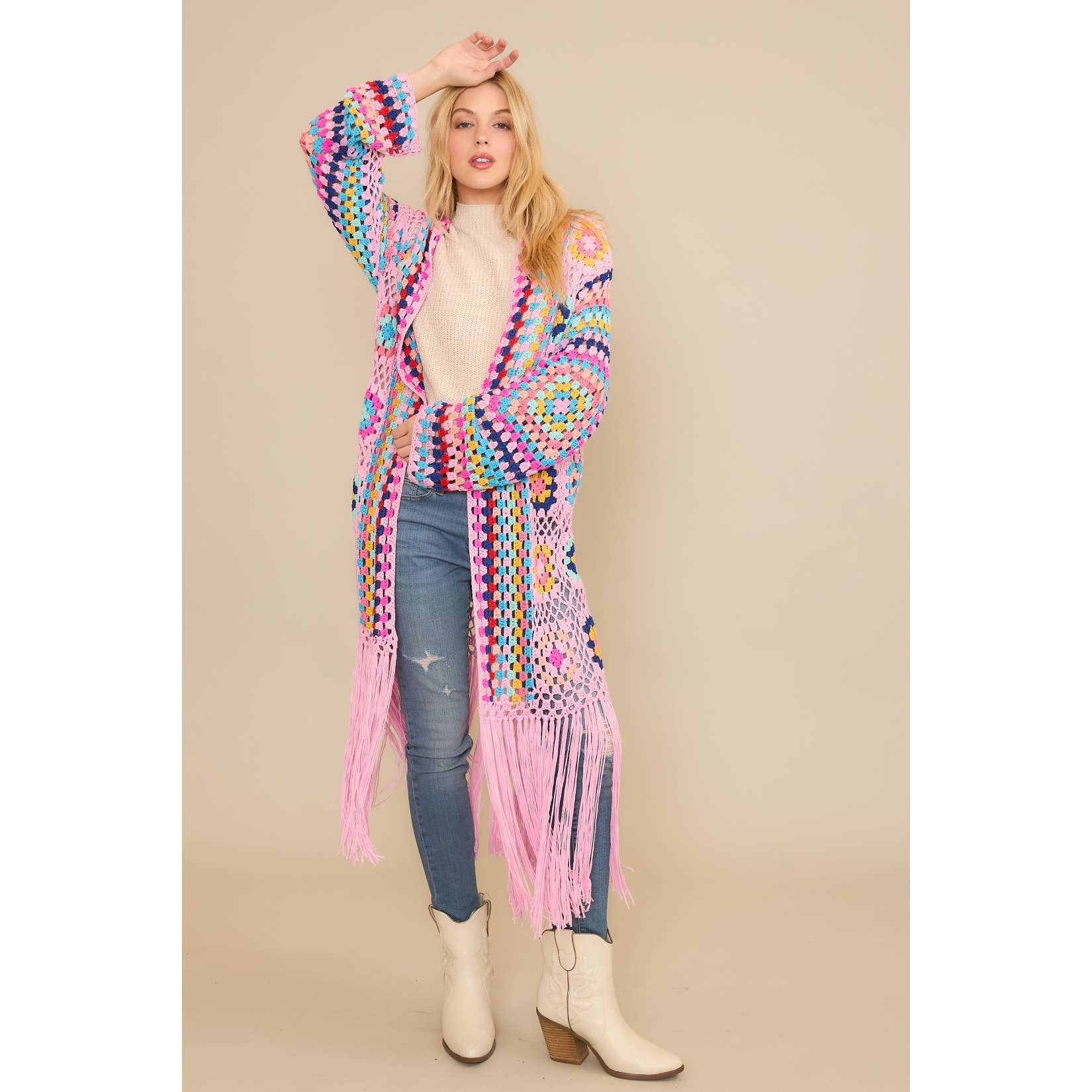 Sweet Generis - Wholesale Cardigan - Women's - COLORFUL CROCHET FRINGE CARDIGAN DUSTER8