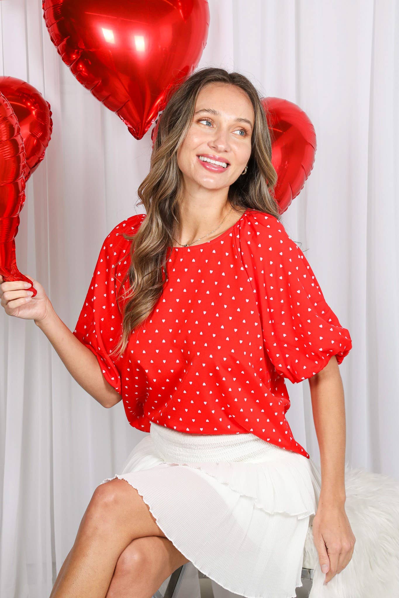 Rood Boothals Pofmouw Hartjesprint Blouse Top VT82337H voor groothandel op Faire12