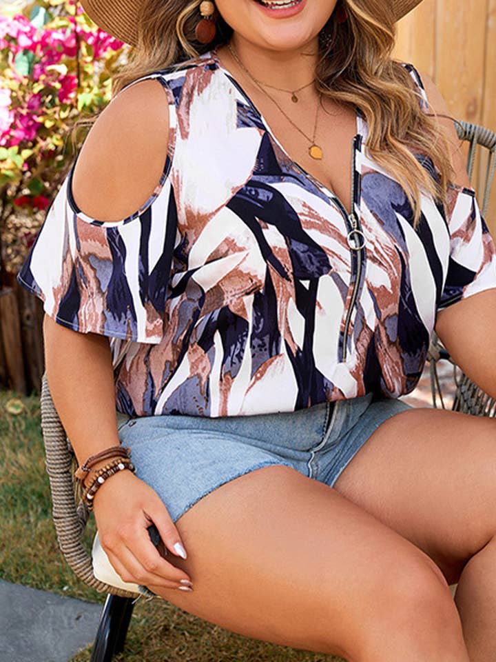 Camiseta Ajustada Floral de Talla Grande con Cuello en V y Hombros Descubiertos CN074 para venta al por mayor de UNISHE