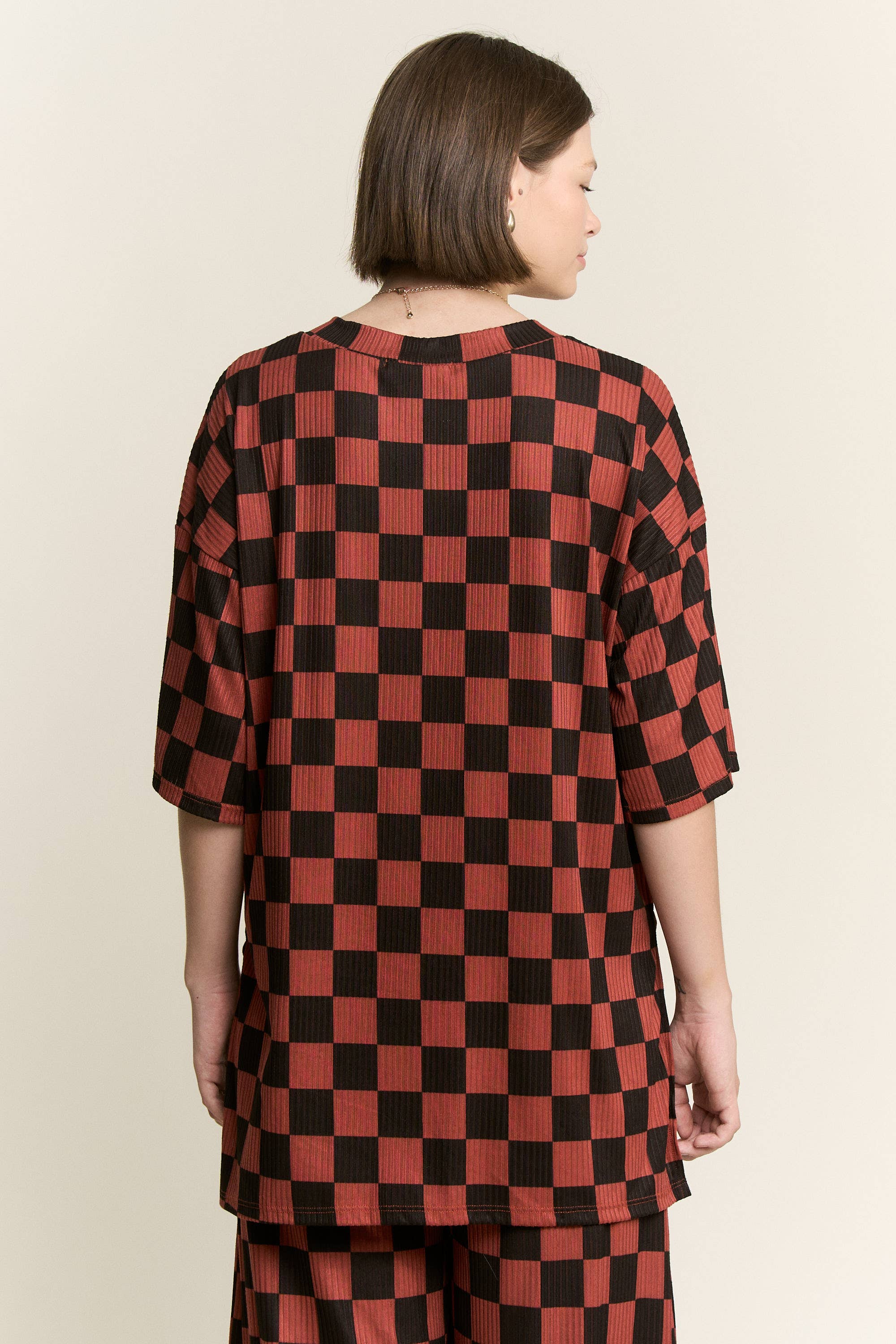 JADE BY JANE - Wholesale Lounge Set - Women's - RIBBED CHECKERED PRINT TOP/STRAIGHT LEG PANTS SET38