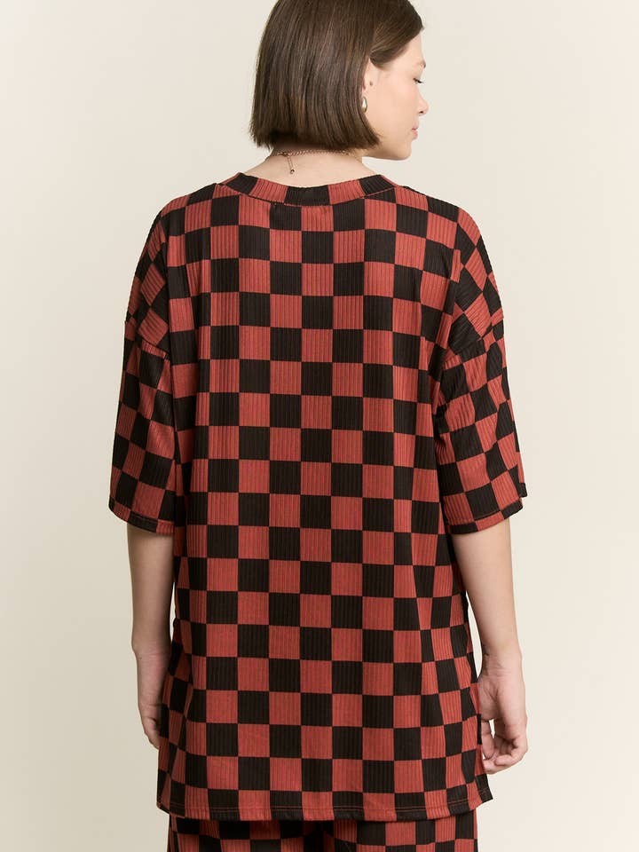 JADE BY JANE - Wholesale Lounge Set - Women's - RIBBED CHECKERED PRINT TOP/STRAIGHT LEG PANTS SET38