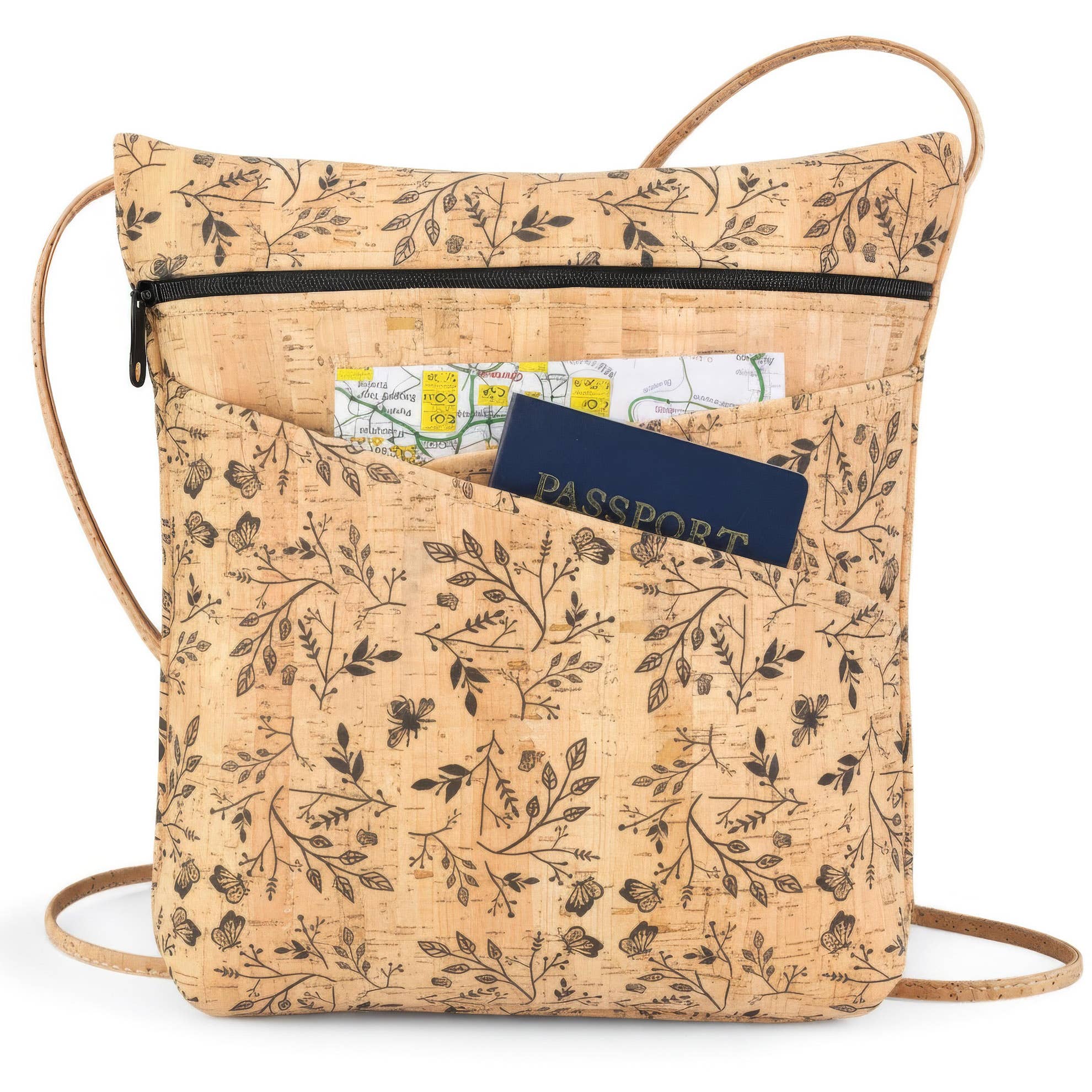 Natalie Therese - Wholesale Crossbody Bag - Women's - Cork Crossbody Bag w/ 2 Crisscross Pocket | Black Floral1