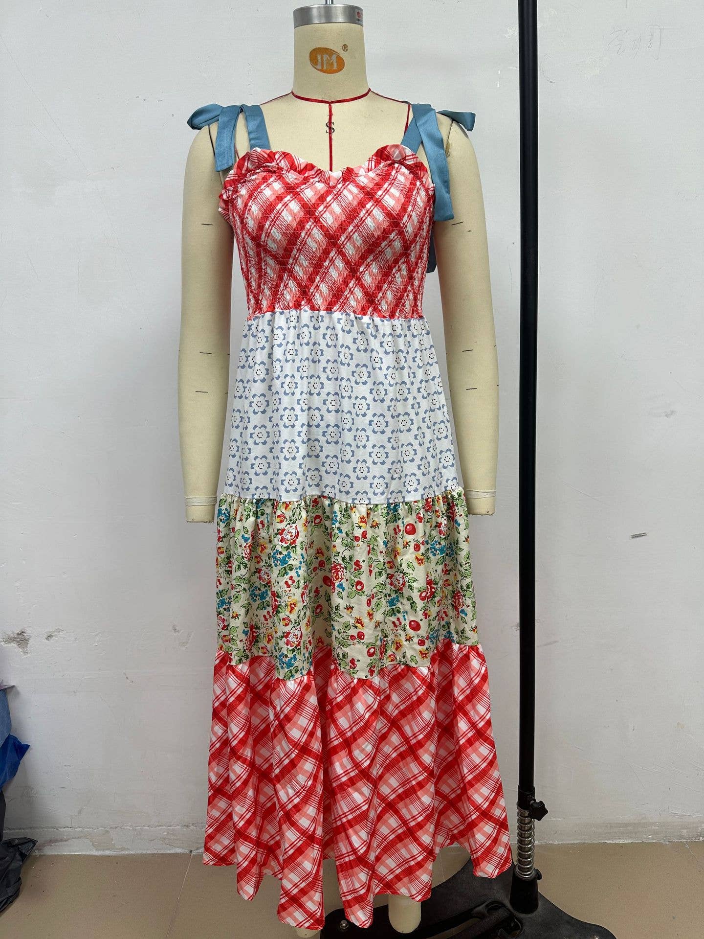 Rosa Clothing - Wholesale Dress - Women's - Gingham Floral patchwork playful bow strap tiered maxi dress0