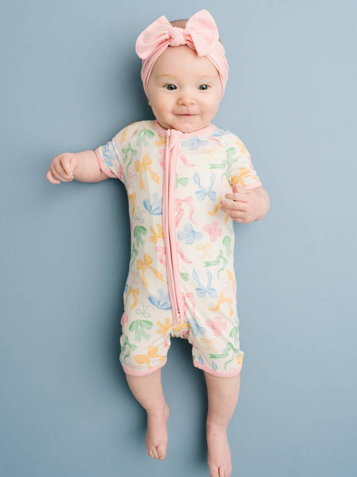 Pastel Bow Bamboo Short Romper for wholesale by Little One Shop