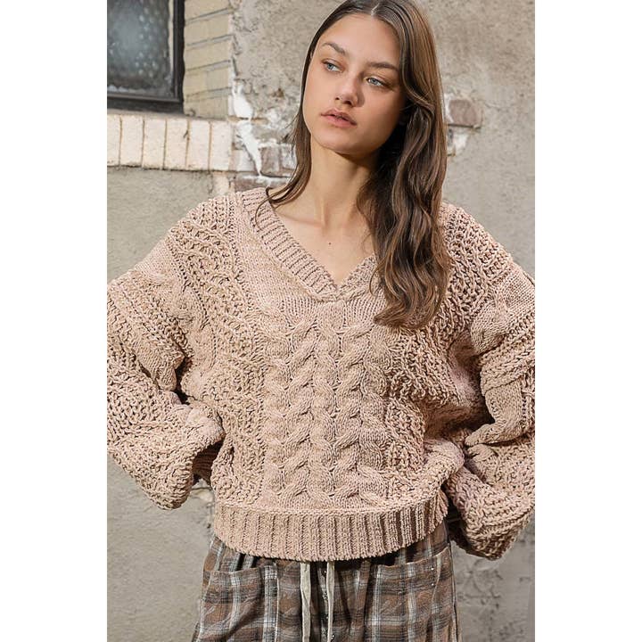 Apolline - Wholesale Knit Sweater - Women's - Overlay V Neck Balloon Sleeve Semi-Cropped Top in Chenille S
