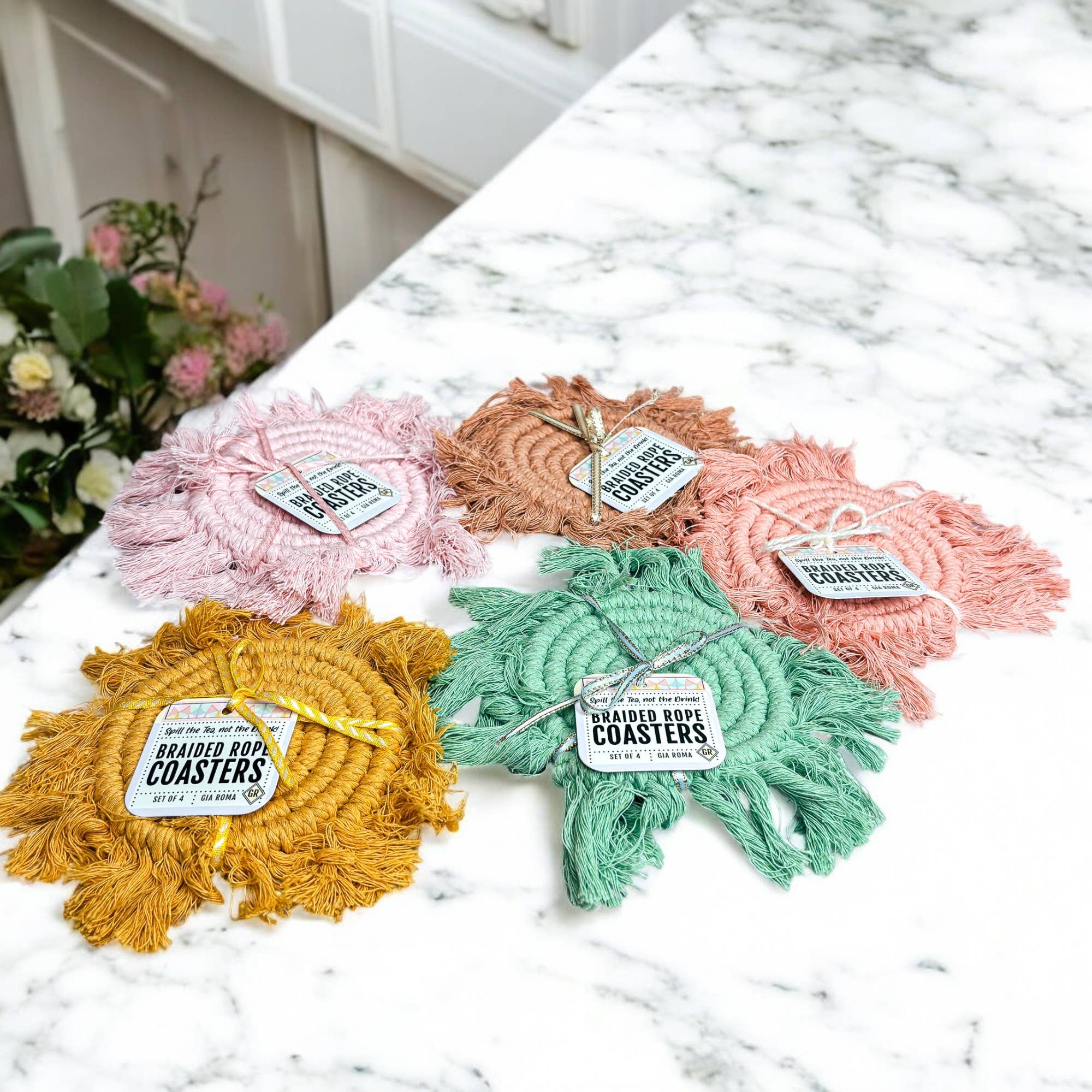 Gia Roma – Objeto de mesa decorativo por atacado – Porta-copos de algodão com tassel em tons pastéis, decoração de mesa para primavera e Páscoa24