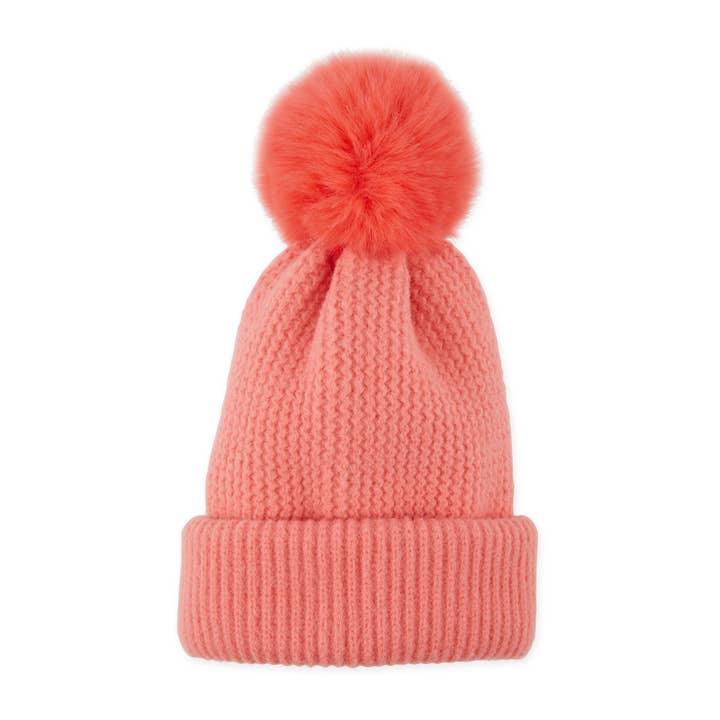 Hadley Wren - Wholesale Beanie - Women's - Plush Knit Pom Pom Beanie - Coral