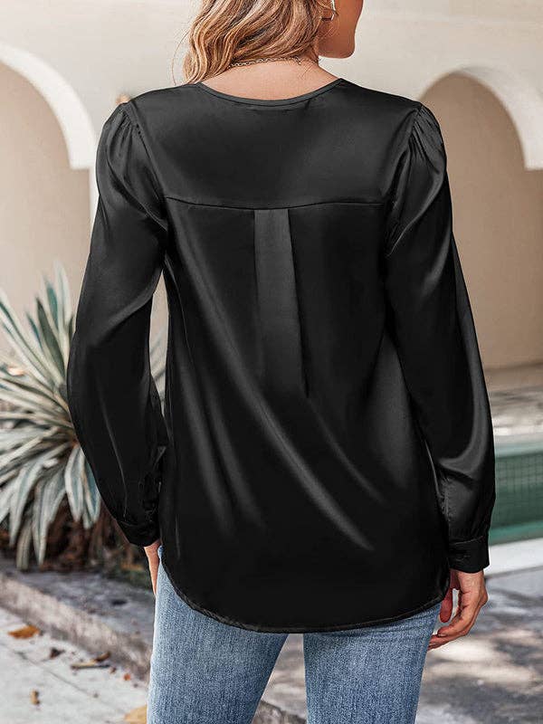 StyleGalX - Wholesale Blouse - Women's - Loose Pleated Solid Color V-Neck Blouses&Shirts Tops4