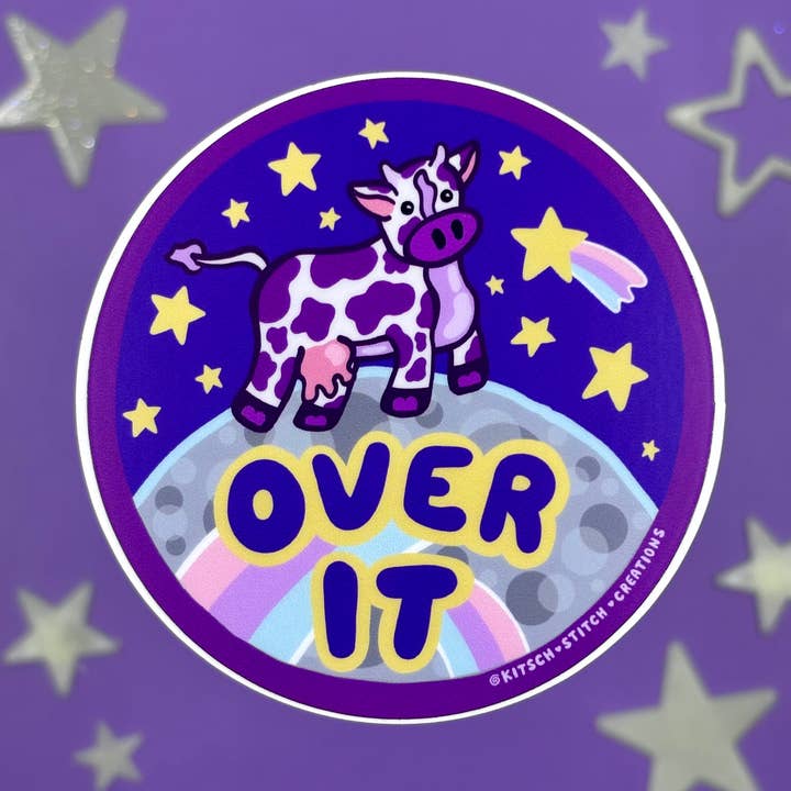 Over It Cow & Moon Vinyl Sticker for wholesale by Kitsch Stitch Creations
