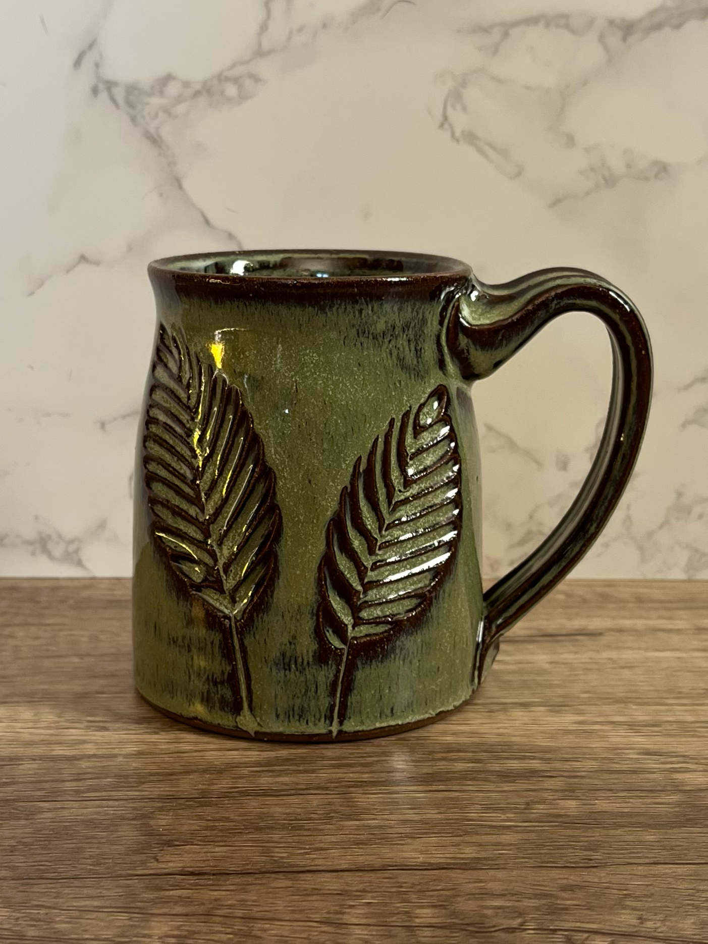 Uphill Pottery - Wholesale Coffee/Tea Cup - Carved Leaf Mug - Tapered2