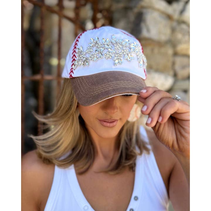 Live Love Gameday® - Wholesale Baseball Cap - Women's - Clear Crystal Embroidered TAN Baseball-Stitched Cap