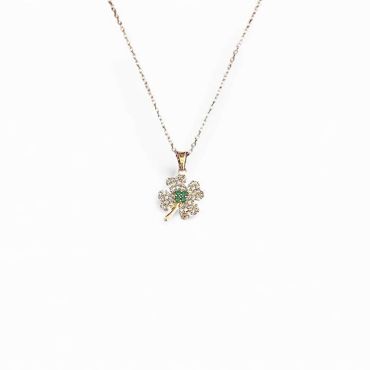Cubic Zirconia Clover Pendant Necklace in Green & Gold for wholesale by Last True Angel