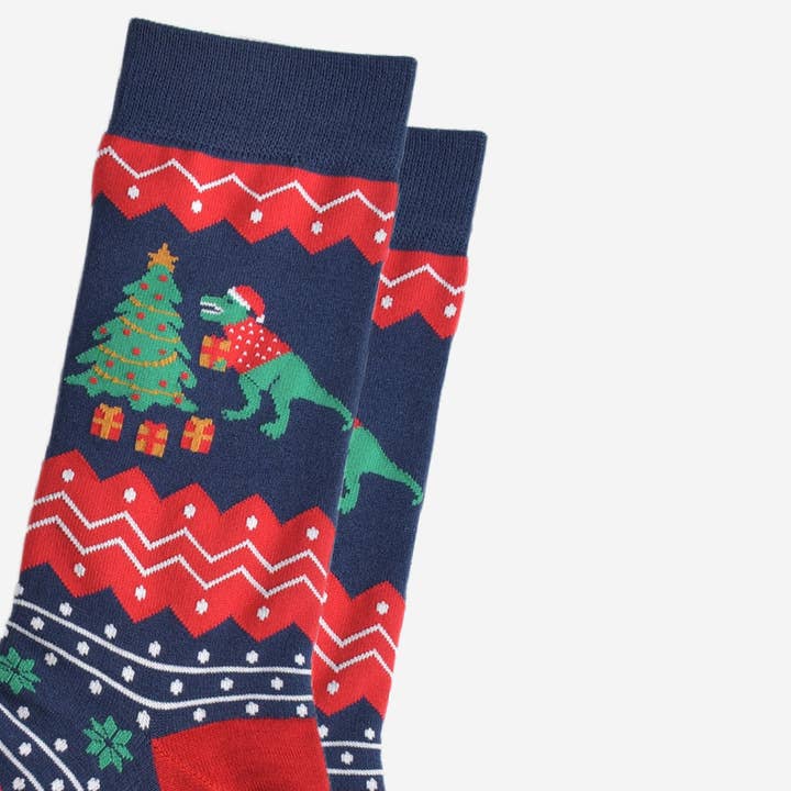 Sock Talk – Meias - Homem por atacado – Meias masculinas de bambu azul-marinho/vermelho com dinossauro T-Rex e árvore de Natal2