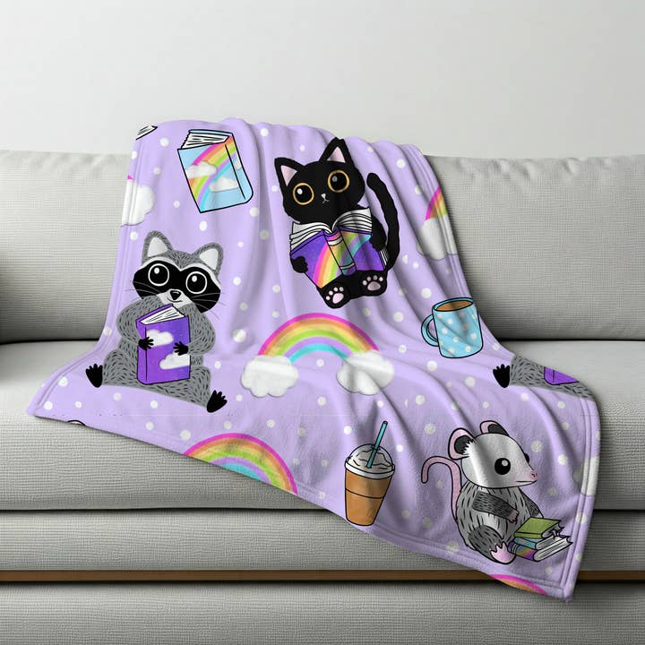 Trash Friends Reading Velveteen Throw Blanket for wholesale by Sprinkles Studios
