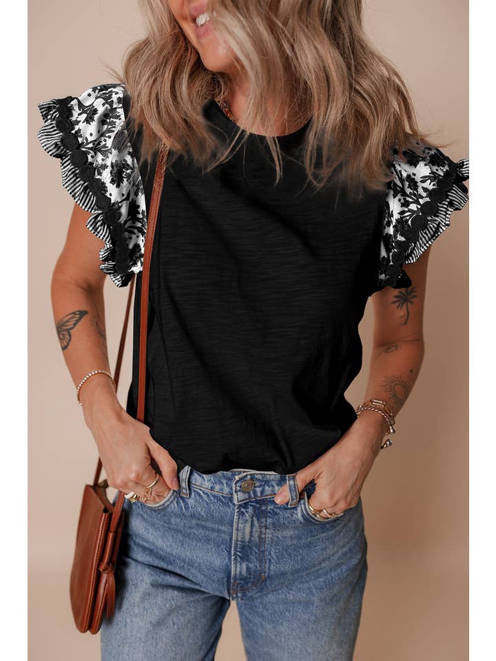 1 the Woman - Wholesale Blouse - Women's - Ricrac Trim Printed Flutter Sleeve Contrast Patchwork Blouse