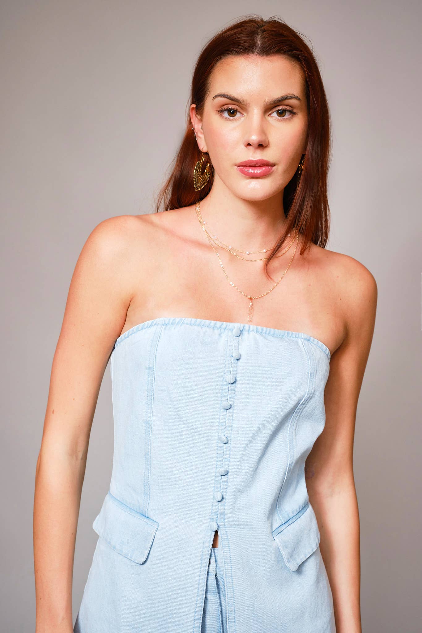 LIGHT WASH 23680SET - Tube Button Detail Tunic Denim Set for wholesale on Faire7