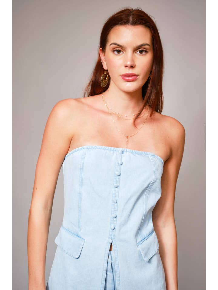 LIGHT WASH 23680SET - Tube Button Detail Tunic Denim Set for wholesale on Faire7