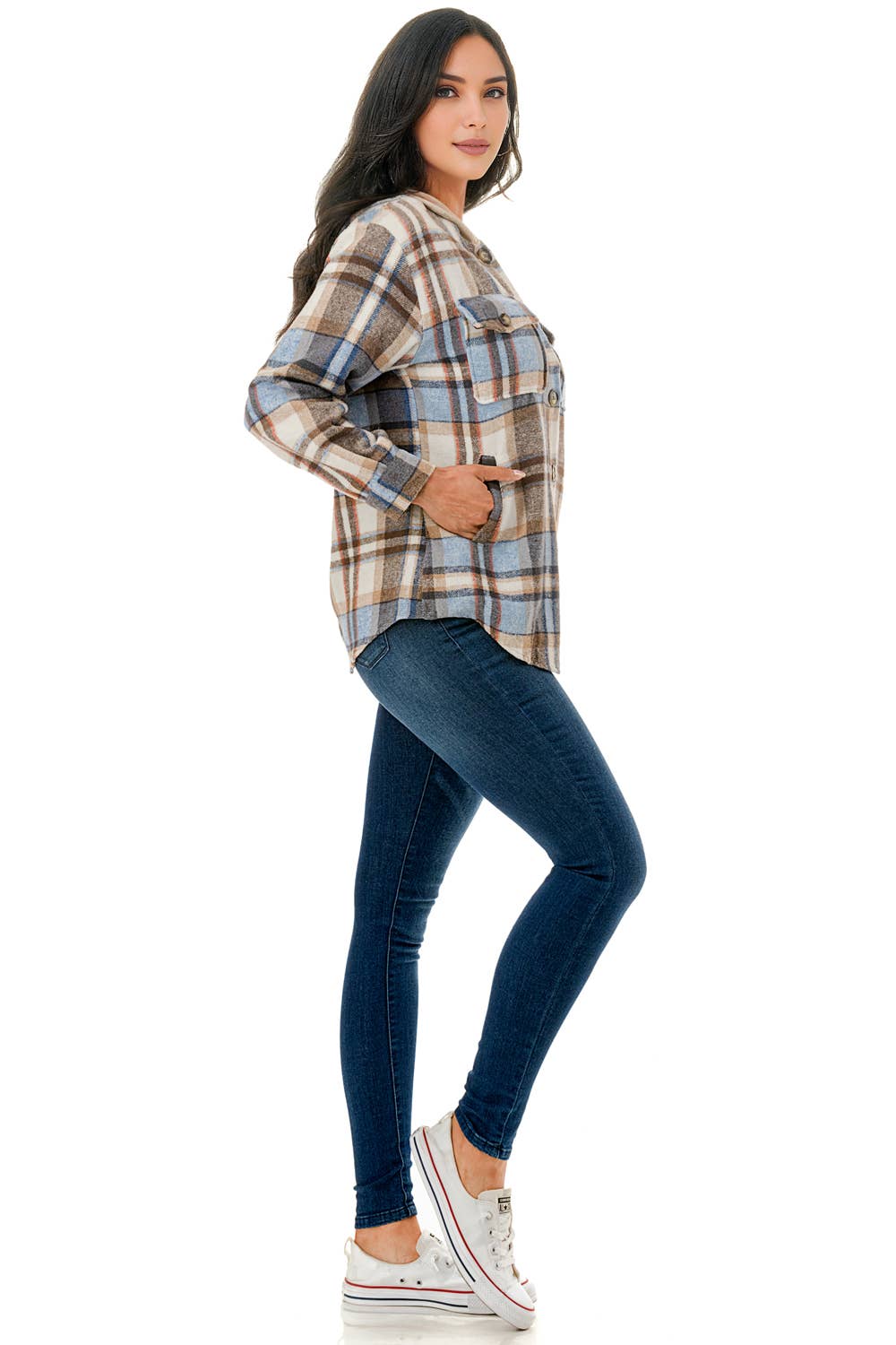 Color 5 - Vente Veste-chemise – femme - Veste en flanelle à carreaux bleu-blanc avec capuche et poches12