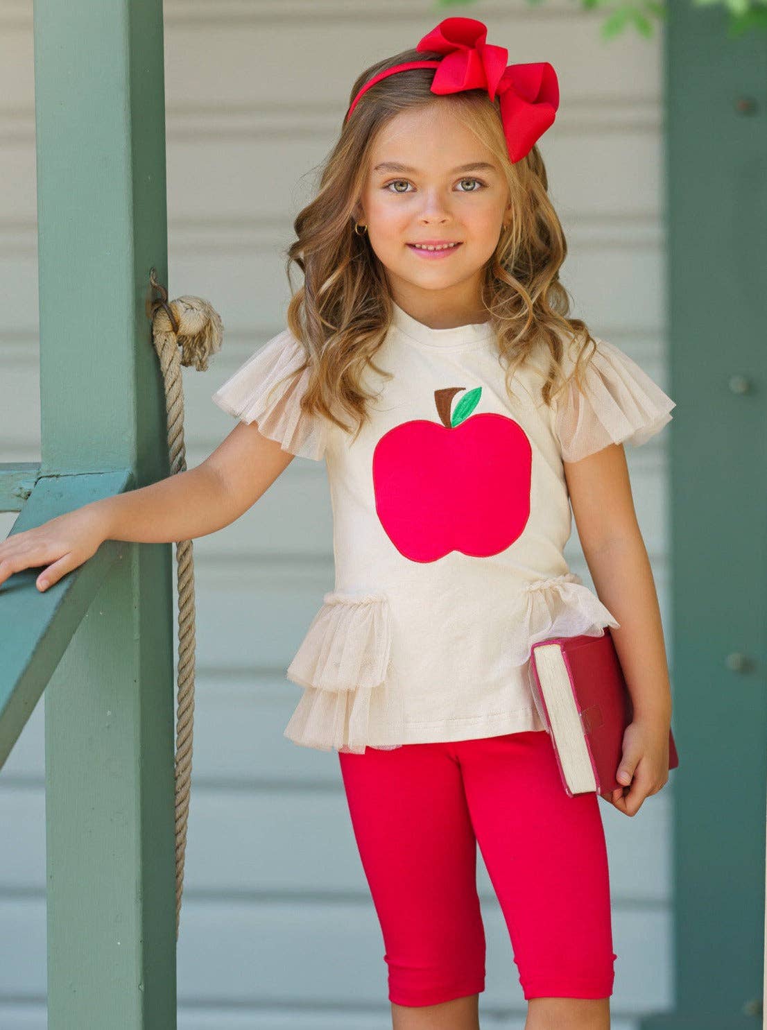 Ruffle Tulle Sleeve Top w/ Apple Embroidery & Red Leggings for wholesale on Faire3