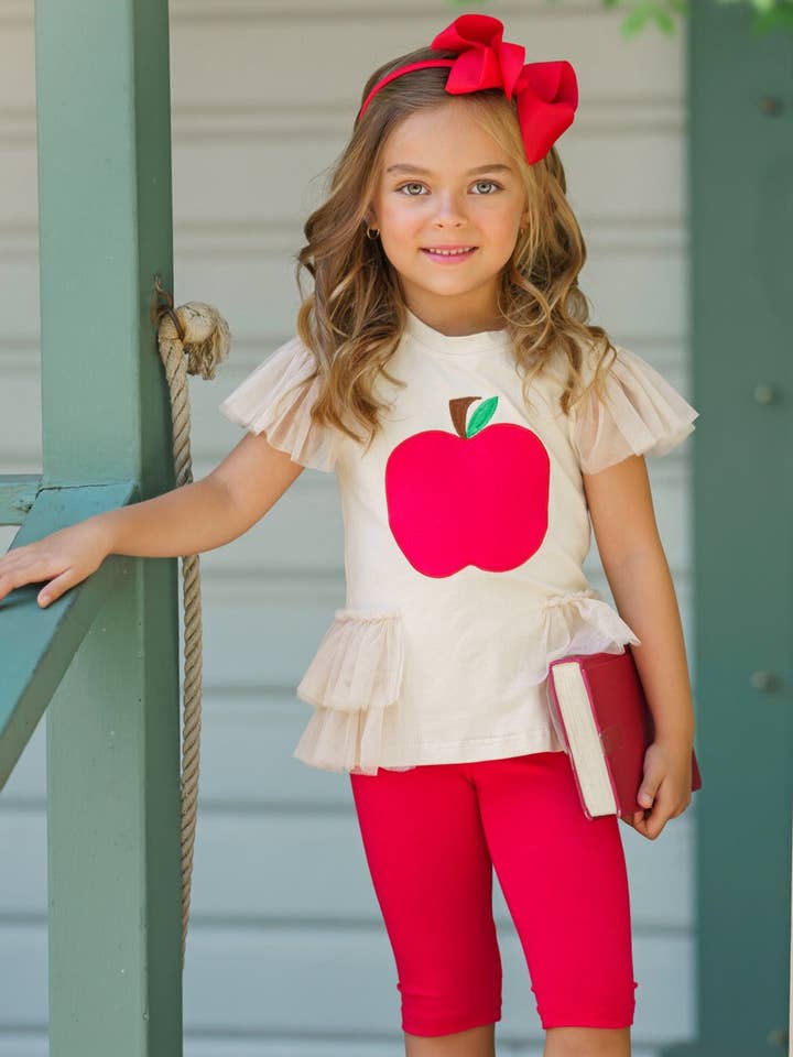 Ruffle Tulle Sleeve Top w/ Apple Embroidery & Red Leggings for wholesale on Faire3