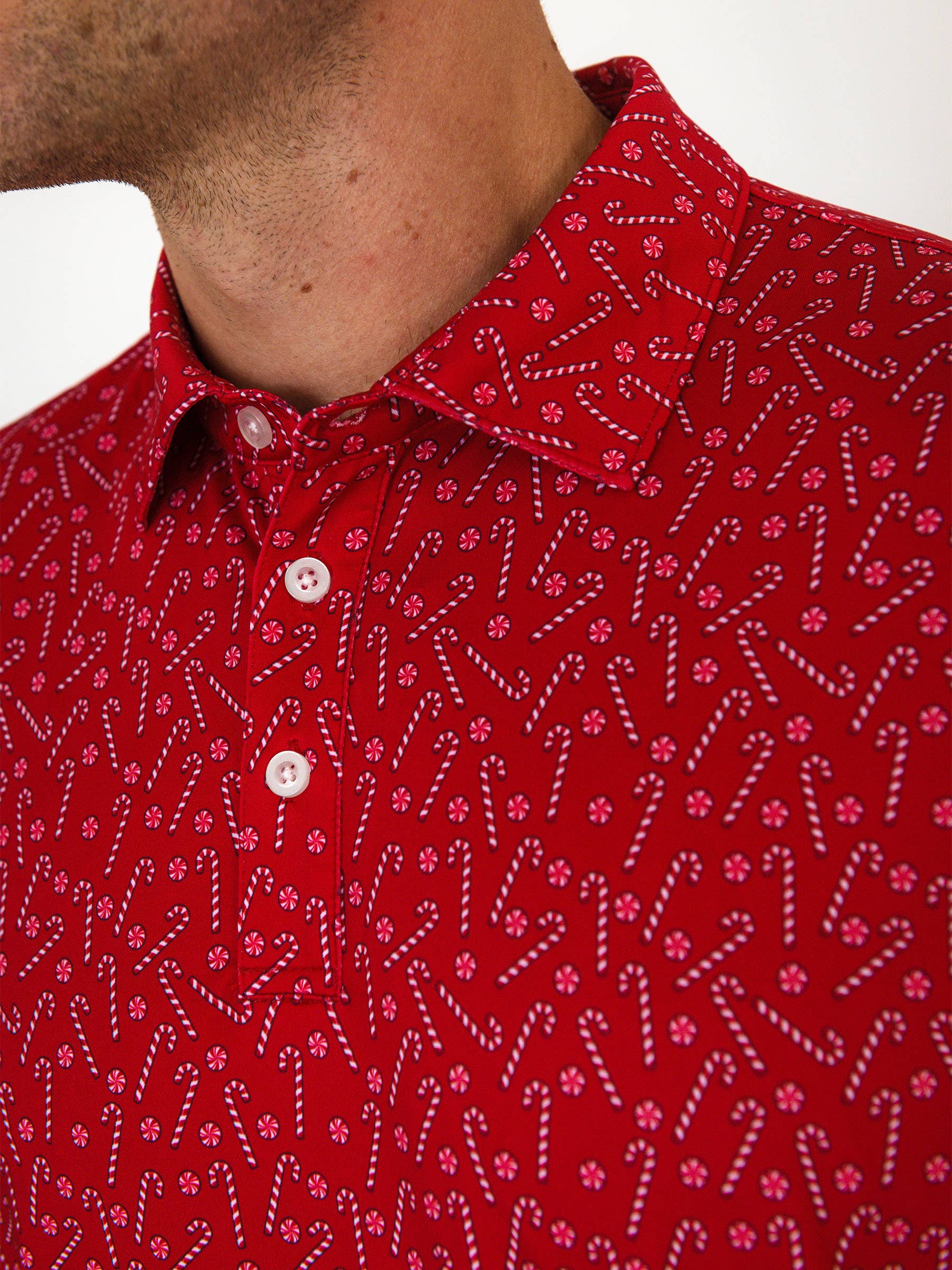 Red Men's Tiny Candy Canes Knit Short Sleeve Performance Polo for wholesale on Faire1