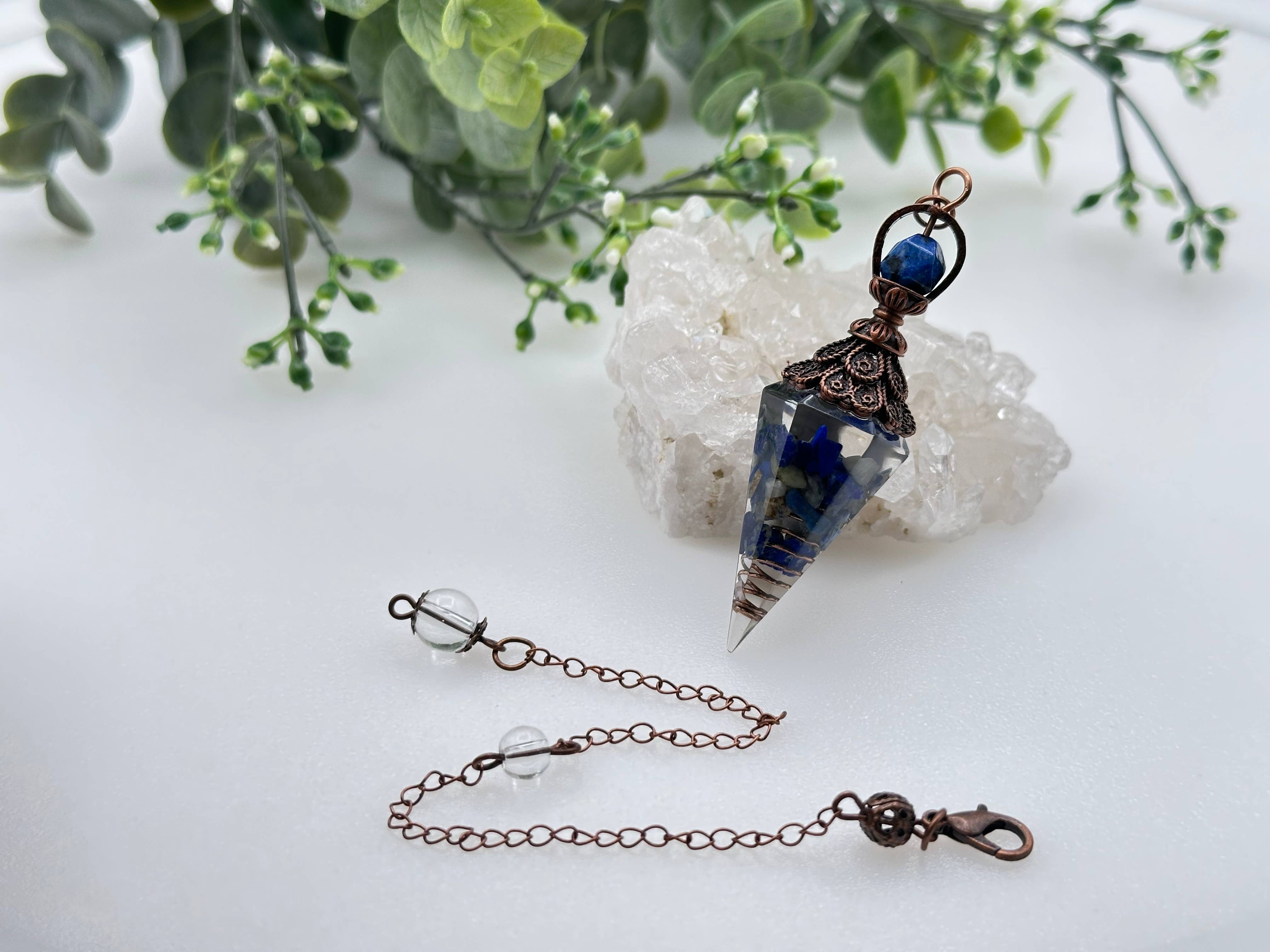 Meraki Gemstones – wholesale Pendulum board – Lapis Lazulli Gemstone Chips w/ Copper in Resin Pendulum1