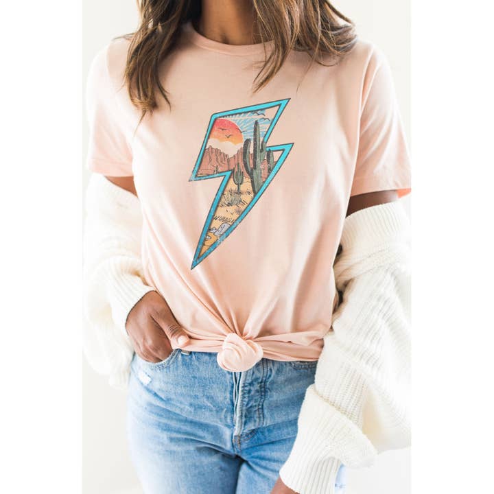 Western Desert Scene in Lightning Bolt Graphic Tee for wholesale by Kissed Apparel