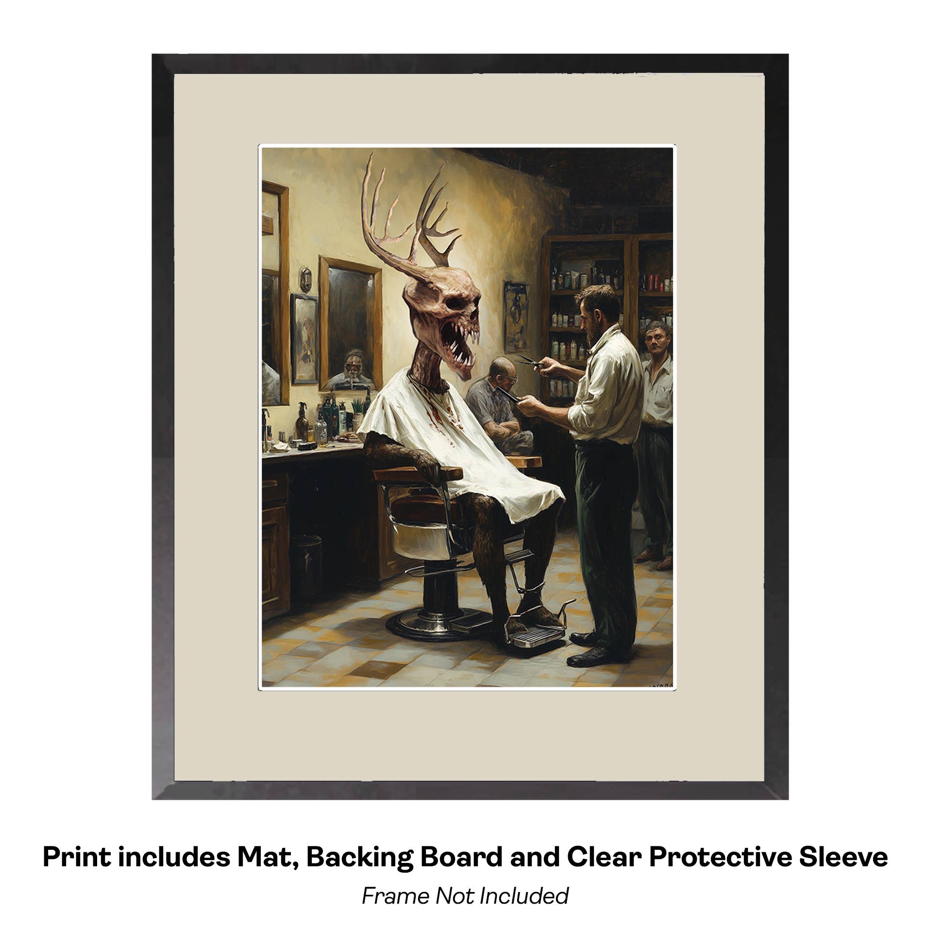 Mowbi – wholesale Art print – Wendigo at the Barber Shop - Monsters in Everyday Life Art Prints – 8″x10″ Artwork for 11″x14″ Frame1