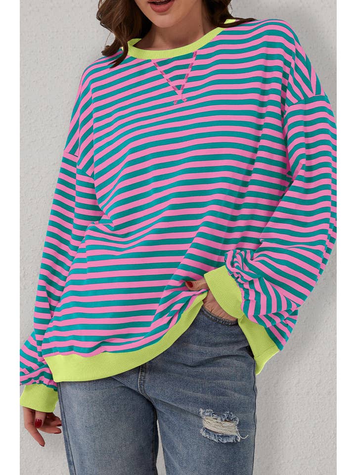 Amaryllis Apparel - Wholesale Sweatshirt - Women's - Stripe Oversized Contrast Trim Pullover Sweatshirt42