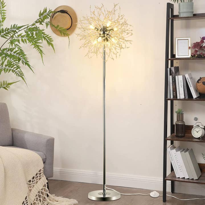 Silver Crystal Floor Lamp for Bedroom, Floor Lamp for Living Room, Elegant Standing Lamp, 69" Tall Pole Lamp, Modern Floor Lamp for Room Decor, 32 Firework Crystal Harnesses Included, Chrome Finish for wholesale on Faire