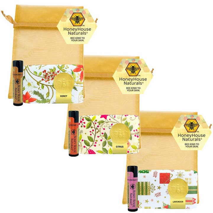Holiday 3.5 oz Soap & Lip Butter Gift Set - 12 Assorted Sets - Save $ for wholesale by Honey House Naturals