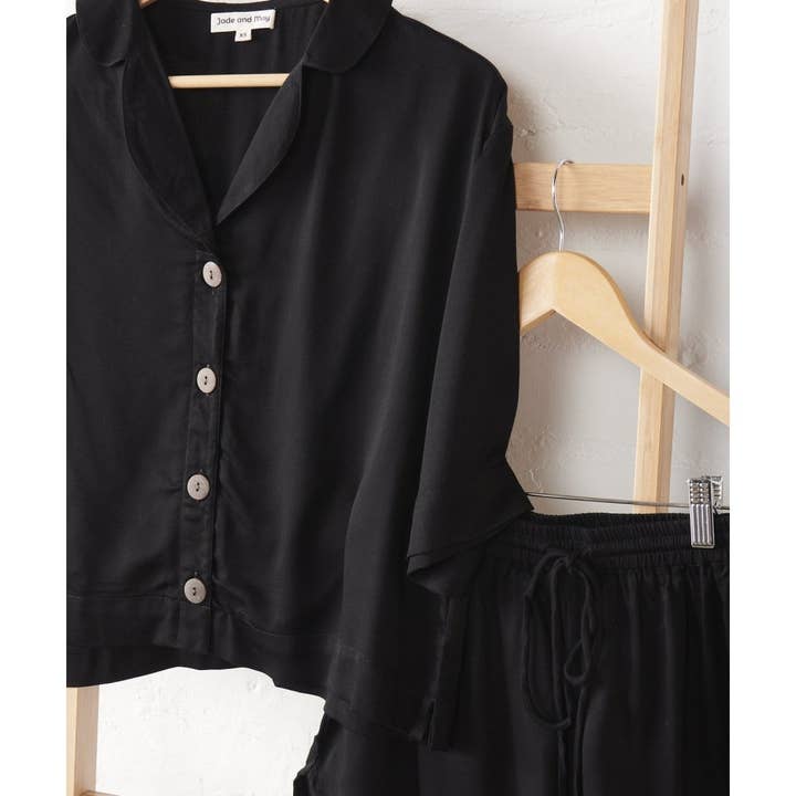 JADE AND MAY - Wholesale Sleepwear Set - Women's - Bamboo Pyjamas - Crop Button Up + Pant Set in Black