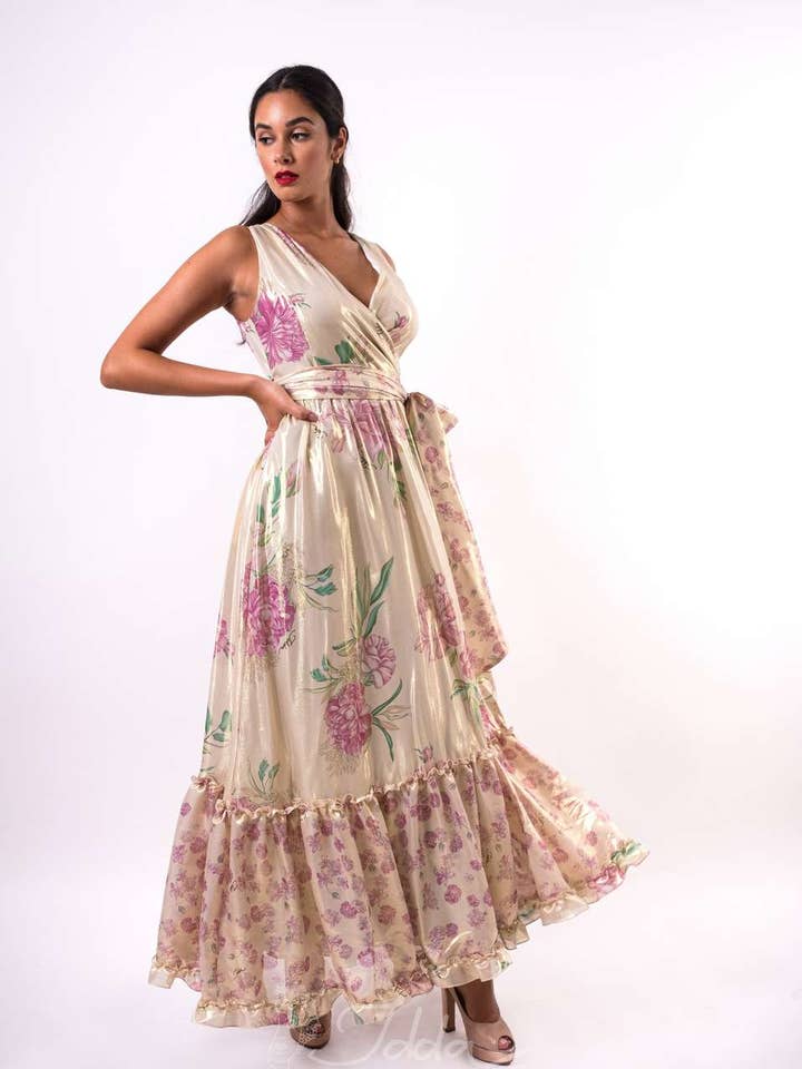 Long silk lamé dress with crossed bodice and flounce for wholesale by IDDA